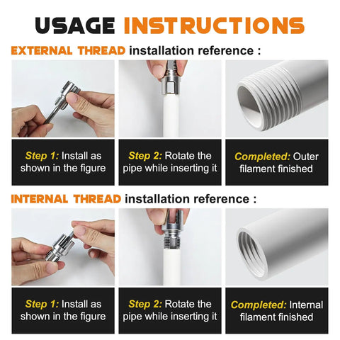 Usage instructions for Heavy Duty PVC Pipe Threader Kit For Drill Six One Internal External Threading Tool, demonstrating external and internal threading steps.