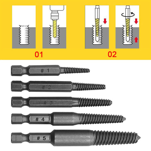 Heavy Duty Bolt Extractor Kit With Fluted Shank Design For Stripped Screws And Damaged Fasteners That Grip Tighter Under Torque To Save Your Bones When Removing Tough Rusty Steel Studs, Socket Heads, And Frozen Hardware Fast And Easy Without Breaking A, 5-piece steel bit set