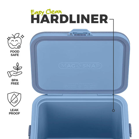 Open view of MagSnap Magnetic No Zip Soft Cooler for 24 Cans With Insulated Hard Liner Ice Chest showing lid and interior