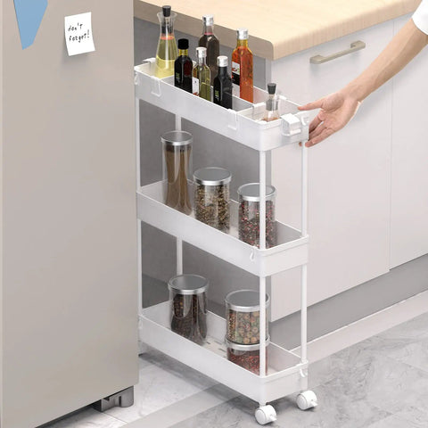 Slim Compact 3 Tier Storage Cart with Rolling Utility Wheels in kitchen, slide out design for tight spaces, white finish, holding jars