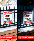 2 Pack No Trespassing Signs For Private Property With Round The Clock Video Surveillance Reflective Aluminum UV Protected Waterproof Security Camera Signs For Home Yard Fence Driveway 10 By 7 Inches day and night on black gate