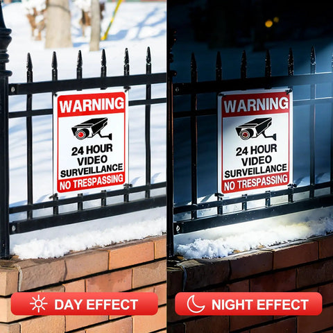 2 Pack No Trespassing Signs For Private Property With Round The Clock Video Surveillance Reflective Aluminum UV Protected Waterproof Security Camera Signs For Home Yard Fence Driveway 10 By 7 Inches day and night on black gate