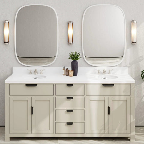 Bathroom vanity with 12 Pack 5 Inch Black Cabinet Pulls Edge and Finger Drawer Handles for Cabinets, featuring modern decor.