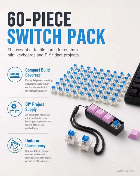 60 Piece Blue Keyboard Switches Clicky Tactile Clickers For 3D Printing Projects And Fidget Toys With Crisp Bangin Sound And Strong Feedback To Upgrade Your Setup, 60-pack blue MX-style switches