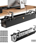 38 Inch Under Desk Cable Management Tray With Clamp And Screw Mount No Drill Setup, black tray installed under desk with accessories