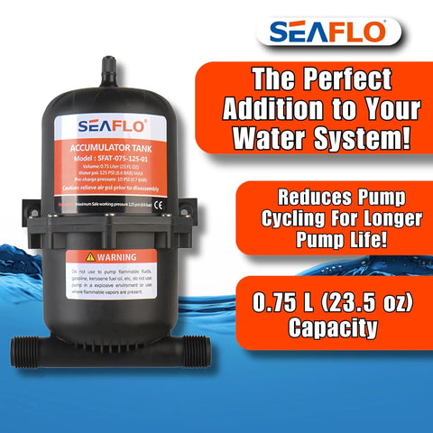 Accumulator Tank With Internal Bladder And Flow Control For Marine, RV, And Off-Grid Water Systems - 125 PSI, 0.75 L capacity.