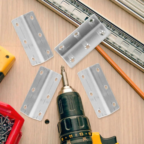 Stainless Steel 90 Degree L Shaped Corner Braces 8 Pack Heavy Duty Angle Brackets on wooden surface with drill and pencil