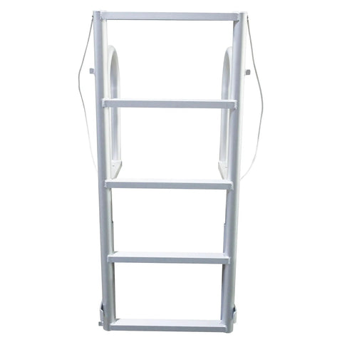 Sliding Dock Ladder 5 Steps No Fuss, Sturdy Aluminum Welded Build, Easy Assembly With Common Tools, Keeps a Permanent Mount Yet Removable From the Water, Minimal Boat View Obstruction, Durable Hardware, Backed by a Two Year Warranty. front view of 5-step aluminum dock ladder