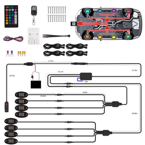 RGB LED Rock Lights Kit diagram showing wiring layout for Jeeps, Trucks, UTVs IP68 160 SMD Underbody Underglow installation