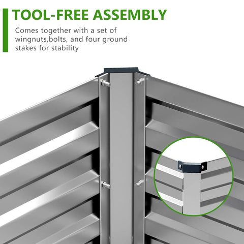 Close-up of tool-free assembly for Set Of Two Galvanized Raised Garden Beds 7 By 3 By 1 Foot Outdoor Planter Box Metal Patio Kit For Vegetables Herbs Flowers And Fruits, Weatherproof Rust Resistant Durable Easy To Assemble showing bolts and wingnuts.