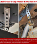 Reinforced metal brackets installed under vehicle for exhaust system alignment.