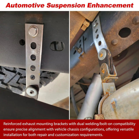 Reinforced metal brackets installed under vehicle for exhaust system alignment.