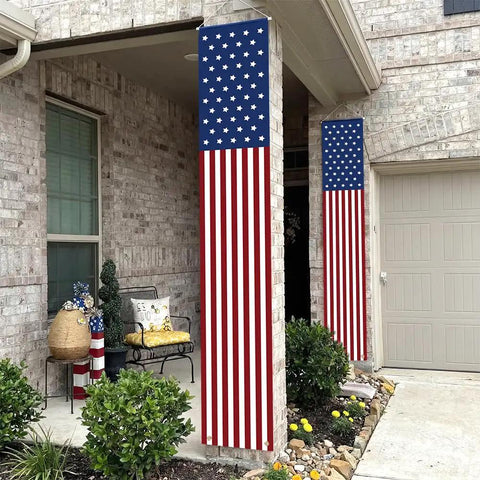 Pair Of Must Have Patriotic Porch Banners For 4th Of July And All American Holidays Outdoor Indoor Red White And Blue American Flag Decor Durable Oxford Material Easy Hang Signs For Memorial Day Veterans Day Presidents Day Independence Day And More on brick porch