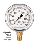 Pressure gauge by MeasureMan, glycerin-filled, 2-1/2 in dial, 0-160 psi, stainless steel case, 1/4 in NPT lower mount
