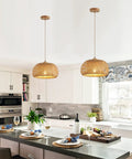 Totally Fresh Handmade Woven Bamboo Pendant Light Fixture Adjustable Boho Basket Hanging Lamp in kitchen over island.