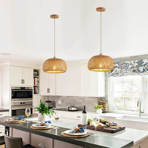 Totally Fresh Handmade Woven Bamboo Pendant Light Fixture Adjustable Boho Basket Hanging Lamp in kitchen over island.