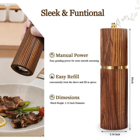 Two Pack Acacia Wood Salt And Pepper Grinder Set With Refillable Design Adjustable Ceramic Core Gold Stainless Steel Accents
