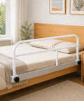 Adjustable Bed Assist Rail For Seniors No Drill Bedside Standing Bar with Foam Grip attached to bed for safety and support.