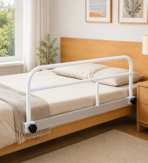 Adjustable Bed Assist Rail For Seniors No Drill Bedside Standing Bar with Foam Grip attached to bed for safety and support.