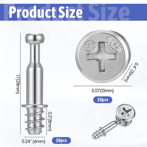 10 Piece Furniture Connecting Rods And 10 Cam Locks Set For Cabinets And Wardrobes, zinc alloy cam lock fasteners, size details
