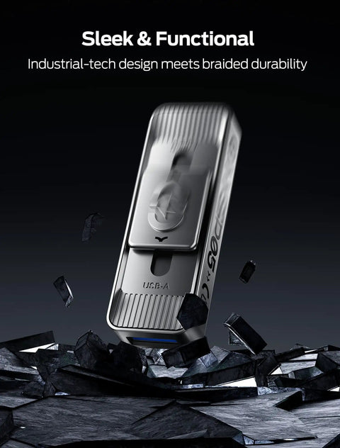 1TB Dual Port USB 3 Point 2 Gen 2 Type C And USB A External SSD Drive With Push Pull Design rugged metal on black background
