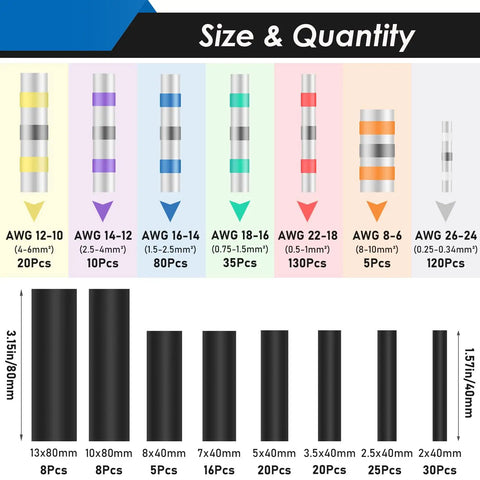 Size and quantity of connectors and tubing in 532 Piece Heat Shrink Kit With Mini Heat Gun For Wiring Solder Seal Wire Connectors.