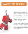 Red Aluminum 3 Way One Quarter Inch NPT Air Manifold With Hex Style Includes Three Steel Couplers And Plugs Quick Connect