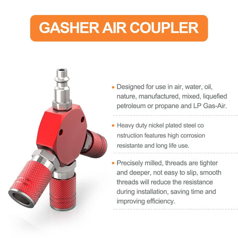 Red Aluminum 3 Way One Quarter Inch NPT Air Manifold With Hex Style Includes Three Steel Couplers And Plugs Quick Connect