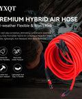 3/8 Inch By 100 Ft Heavy Duty Hybrid Air Compressor Hose Lightweight Kink Free All Weather Flex With Aluminum Swivel Coupler and Red Quick Plug coiled in use with a person.