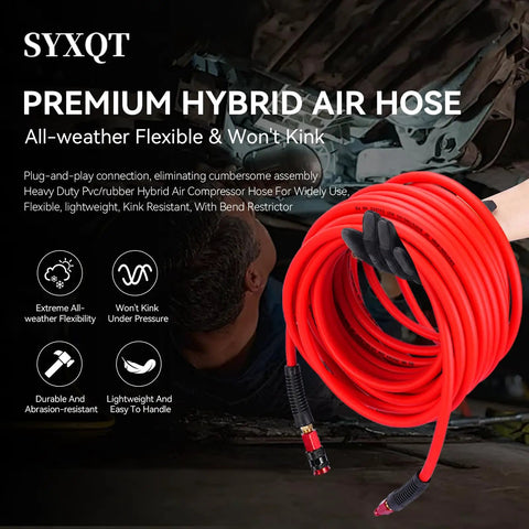 3/8 Inch By 100 Ft Heavy Duty Hybrid Air Compressor Hose Lightweight Kink Free All Weather Flex With Aluminum Swivel Coupler and Red Quick Plug coiled in use with a person.