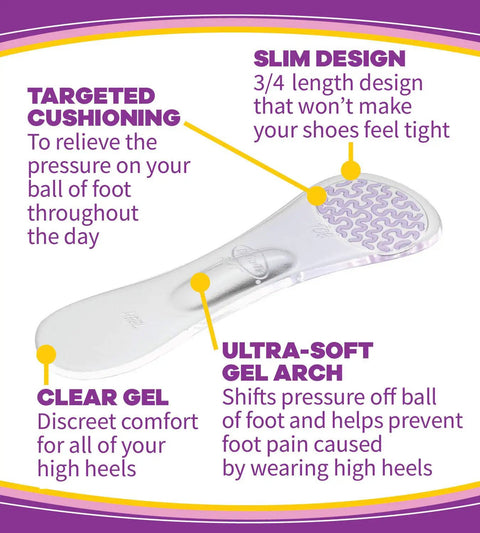 Stylish Step High Heel Relief Insoles; clear gel design with ultra-soft arch support for size 6-10, 3/4 length for 2 inch heels.