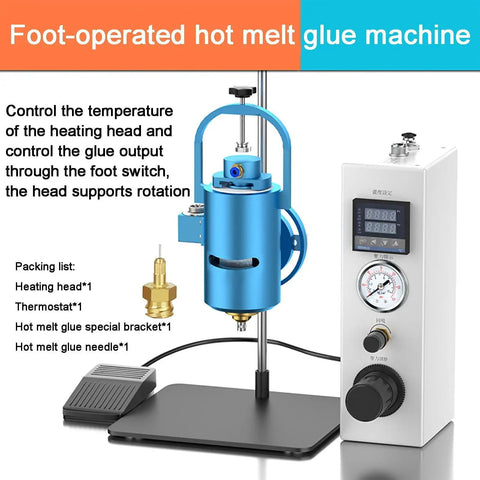 Easy Setup Hot Melt Glue Dispenser 30ml With Foot Switch And Mounting Bracket For Electronics Assembly, No Sweat To Use, Precise Glue Flow From Continuous To Drip, Rotatable Heating Head For Clean, Reliable Bonding. Blue metal hot melt glue dispenser with foot switch and control box