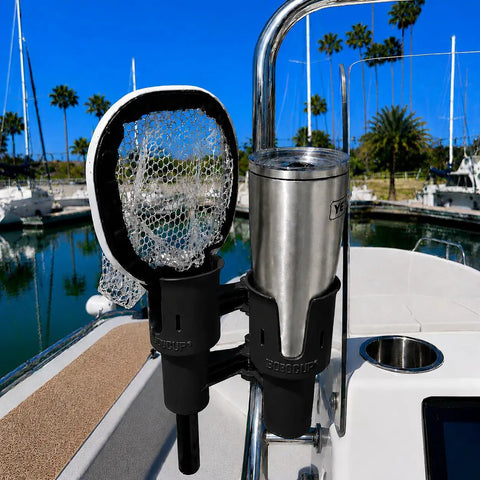 Heavy Duty Black Portable Clamp On Cup Holder And Versatile Dual Drink Caddy To Lock In Two Beverages, mounted on a boat.