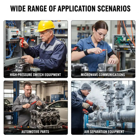 Four images showing applications in high-pressure switch equipment, microwave communications, automotive parts, air separation equipment.