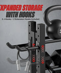 Close-up of Three Tier Dumbbell Rack Stand For Home Gym With Adjustable Height, showing hooks for extra storage.