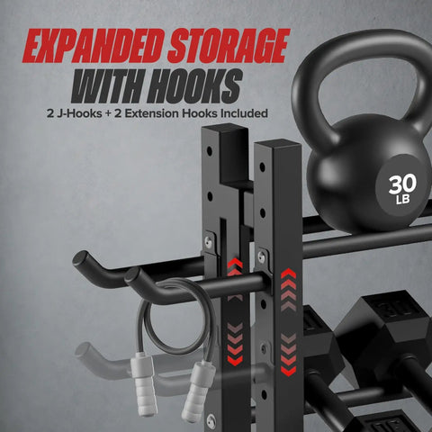 Close-up of Three Tier Dumbbell Rack Stand For Home Gym With Adjustable Height, showing hooks for extra storage.