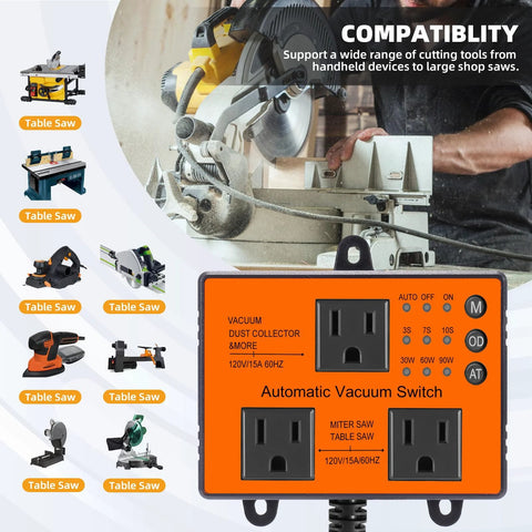 Front view of orange Automatic Vacuum Switch with two outlets for dust collection, 120V/15A.