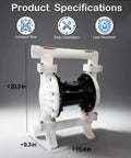 Heavy Duty Air Operated Double Diaphragm Pump 35 Gpm Pushing Up To 100 Psi Polypropylene Body with dimensions 20.3x15.4x9.3 inches.