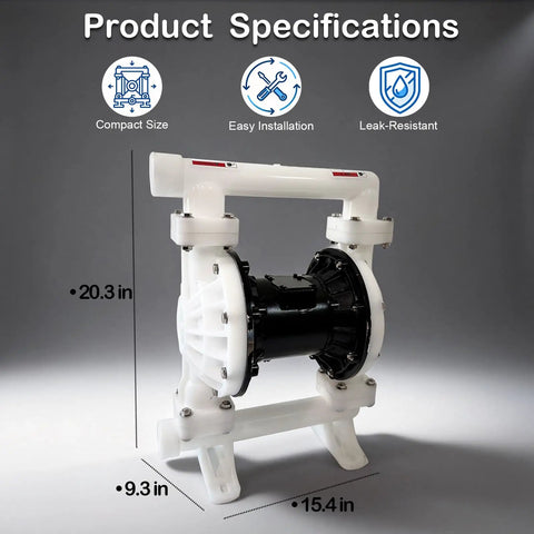Heavy Duty Air Operated Double Diaphragm Pump 35 Gpm Pushing Up To 100 Psi Polypropylene Body with dimensions 20.3x15.4x9.3 inches.