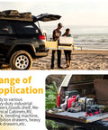 Heavy Duty Locking Drawer Slides Full Extension Runners With Lock 12 To 60 Inch Side Mount Rails For Drawers Up To 493 Lb Per Pair Built From Beefy High Strength Steel For Heavy Cabinets Tool Chests And Industrial Drawers mounted on an SUV slide-out tray at the beach