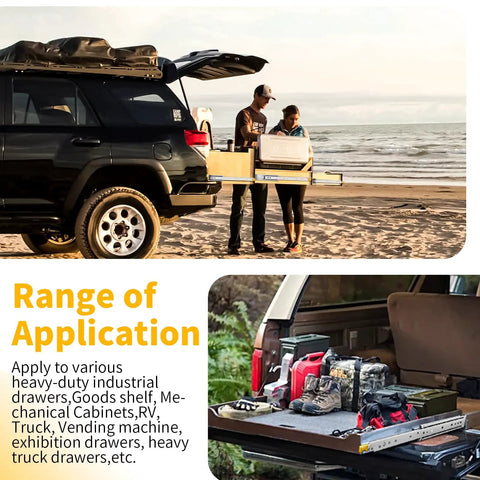 Heavy Duty Locking Drawer Slides Full Extension Runners With Lock 12 To 60 Inch Side Mount Rails For Drawers Up To 493 Lb Per Pair Built From Beefy High Strength Steel For Heavy Cabinets Tool Chests And Industrial Drawers mounted on an SUV slide-out tray at the beach