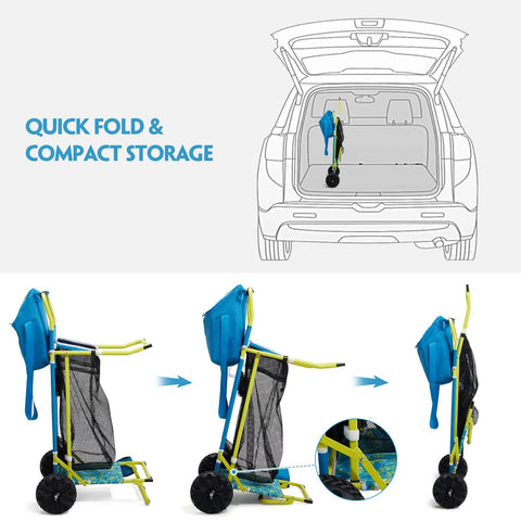 Two In One Beach Cart With Big Wheels For Sand Folding Utility Wagon with Chair Holder Cooler Bag and Mesh Storage