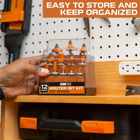 Router Bit Set 1 Quarter Inch Shank 12 Piece Woodworking Bits in a transparent case on a workshop pegboard.