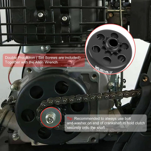 12 Tooth Go Kart Clutch With 3 4 Inch Bore For 35 Chain installed on engine, showing close-up of clutch and chain connection.