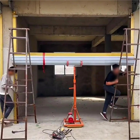 Compact Home Elevator And Small Lifting Platform For Quick Roller Shutter Door Repairs Workshop Ventilation Duct Setup And Material Stairlift in use for heavy lifting.