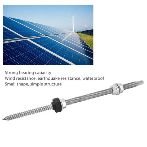 Heavy Duty 4 Pack Stainless Steel Solar Panel Mounting Screws Rock Solid Photovoltaic Bracket Fasteners placed beside solar panels.