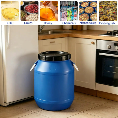 Blue Food Grade Plastic Sealed Storage Barrel With Inner And Outer Double Seal Screw Lid placed in a kitchen setting