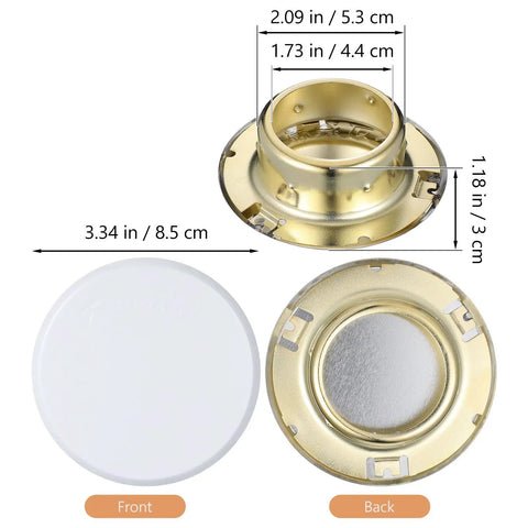 Right On Track Four Pack Flat Round Fire Sprinkler Cover Plates, 3.34 in, gold and white, for concealing fire sprinkler systems.