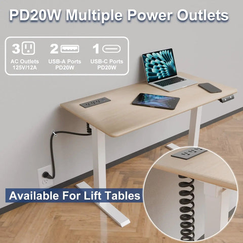 Drawer Outlet Kit With USB C USB A Ports And Three AC Outlets 5 Ft Power Cord With Spring Cable Showing Under Desk Setup