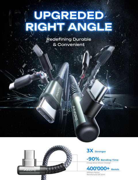 AINOPE USB-C to USB-C cable, 60W, 6.6 ft, braided nylon, 2-pack with right-angle connectors